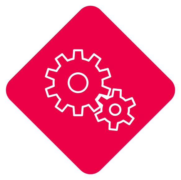 A red square with two gears on it.